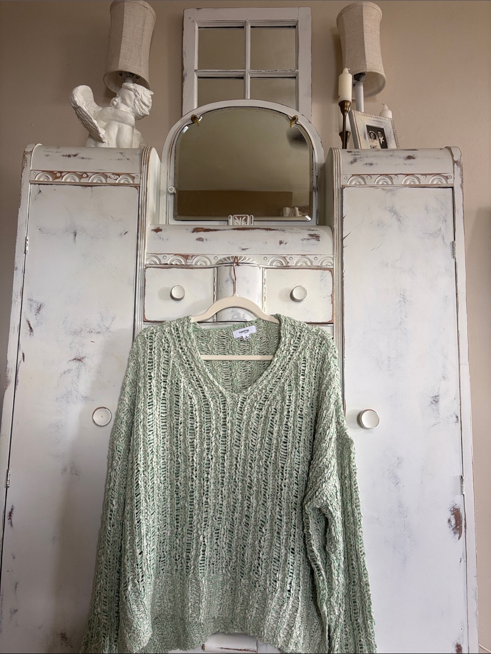 Women’s V-Neck Open-Knit Sweater in Sage Green slit sides tunic style